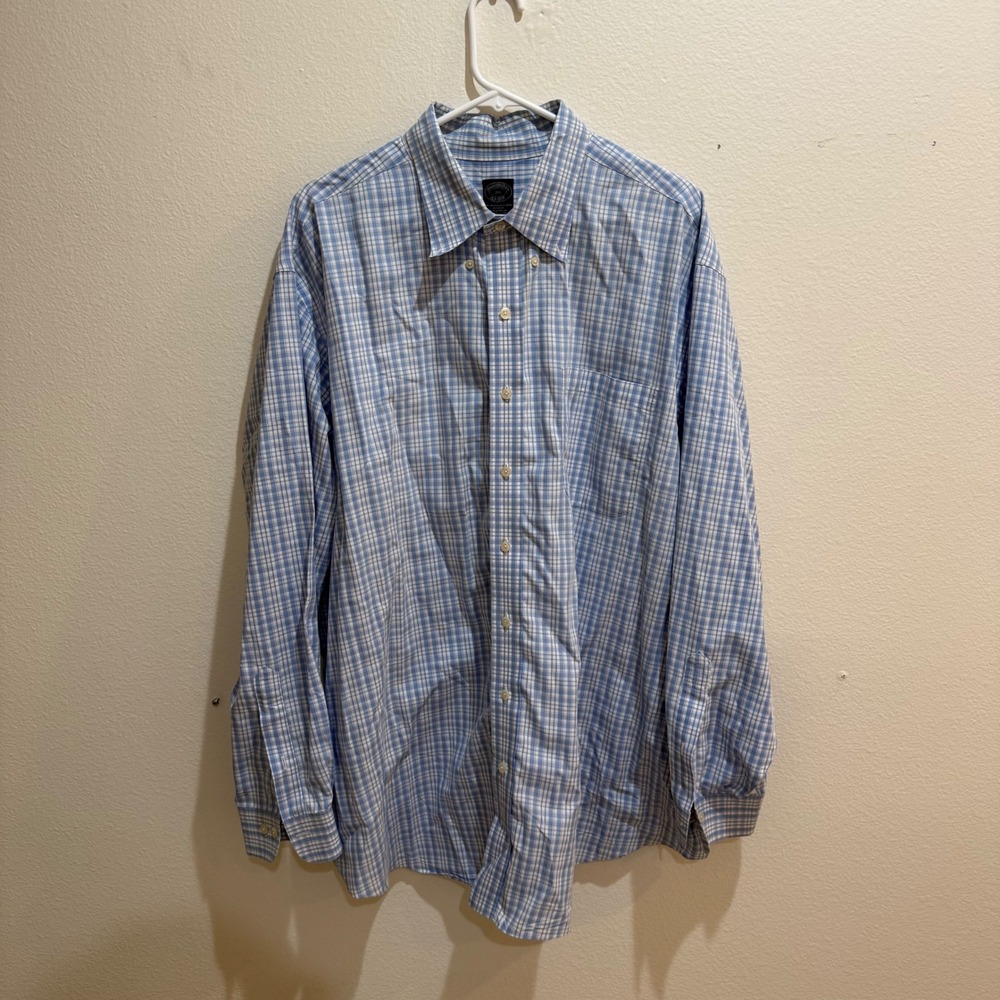Brooks Brothers Blue White Plaid Supima Cotton Non-Iron Button Down Shirt 2XL